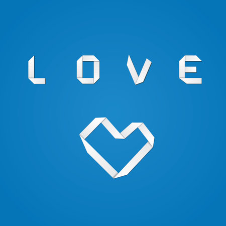 White origami paper heart and love word on blue background.のイラスト素材