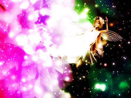 Colorful glowing fantasy fairy and flower background.の写真素材