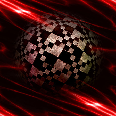 Abstract glowing plasmatic, laser background with distorted checkered ball.