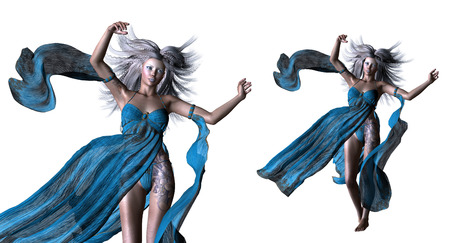 Digitally rendered illustration of a woman with white hair and fantasy make up in blue dress.の写真素材