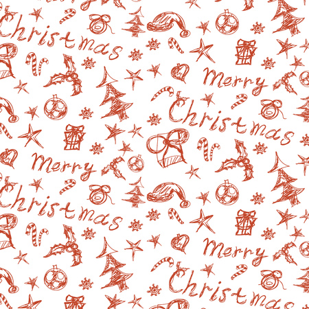 Cartoon hand drawn christmas icons of orange color background.のイラスト素材