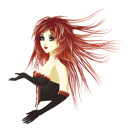 Beautiful red haired girl with long lashes in black corset.のイラスト素材