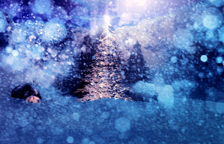 Abstract colorful winter with falling snow.