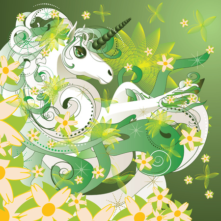 White spring unicorn with flowers and floral on green background.のイラスト素材