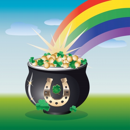Nice summer landscape with pot of gold on the end of the rainbow.のイラスト素材