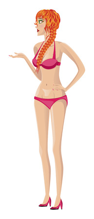 Cartoon girl in pink bikini with braided red hair.のイラスト素材