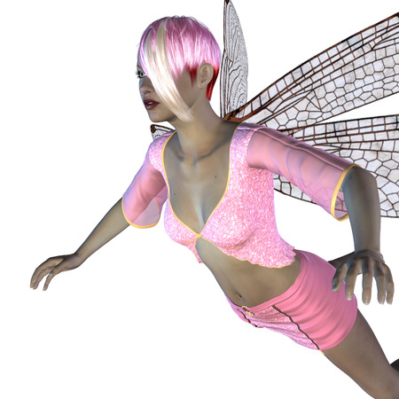 Digitally rendered image of a fairy in pink dress and dragonfly wings.の写真素材