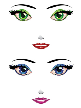 Cartoon female faces with green and blue eyes.のイラスト素材