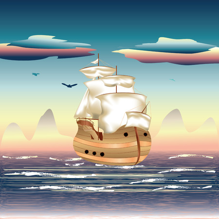 Old sailing ship on the open ocean at sunset.のイラスト素材