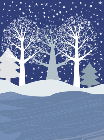 Winter landscape with white trees and frozen lake at night time.のイラスト素材