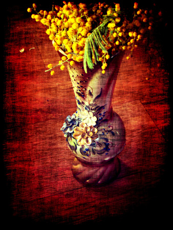 Textured grunge image of mimosa flowers, vintage background.の写真素材