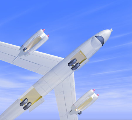 3d airplane in a blue cloudy sky background.