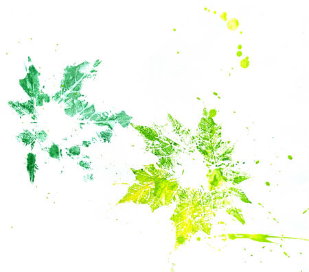 Artistic imprint of maple leaf, green and yellow gouache painting.の写真素材