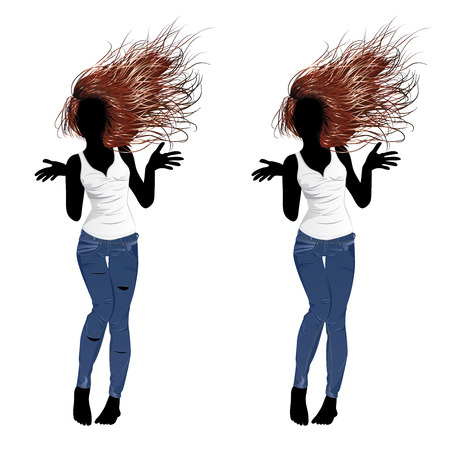 Brunette girl in casual jeans and white t-shirt.のイラスト素材