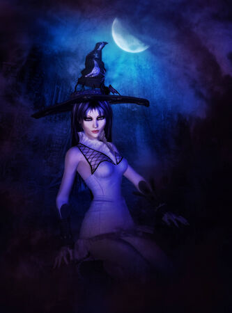 Dark mysterious night background with witch and moonlight.の写真素材