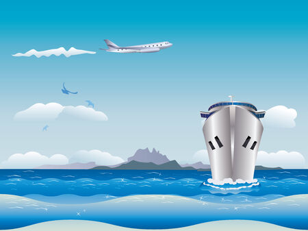 Big airplane in the sky and cruise liner in the sea.のイラスト素材