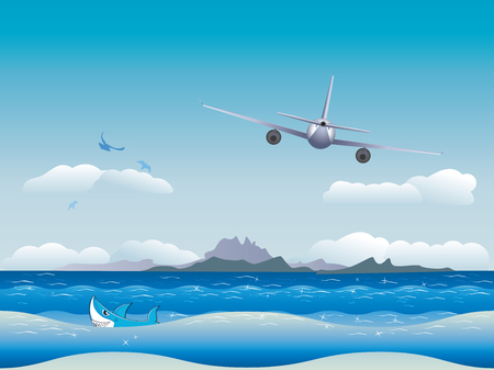 Big airplane fly in the sky over seascape background.のイラスト素材