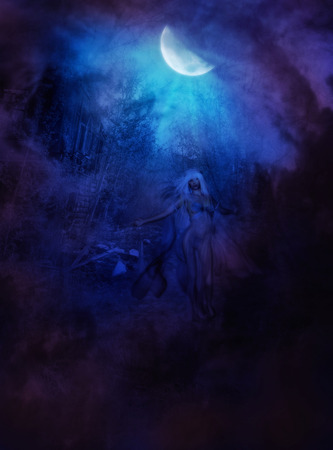 Dark mysterious night background with witch and moonlight.の写真素材