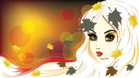 Abstract autumn girl with white hair and maple leaves.のイラスト素材