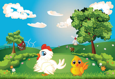 White hen with chicken on lawn, summer rural scene.のイラスト素材