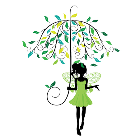 Abstract fairy silhouette with decorative floral umbrella.のイラスト素材