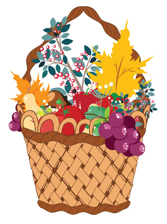 Still life of different vegetable and fruits with maple leaves in the basket.のイラスト素材