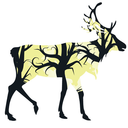 Silhouette of a deer with forest inside on white background.のイラスト素材