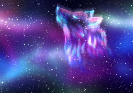 Colorful northern sky with howling wolf spirit and aurora borealis.の写真素材