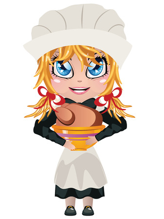Cute cartoon girl in traditional thanksgiving pilgrim costume holding bowl with roasted turkey.のイラスト素材