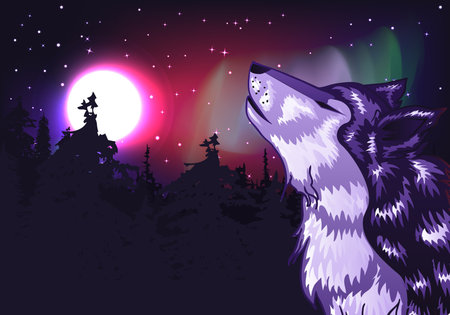 Abstract colorful northern landscape with moon and howling wolf.のイラスト素材