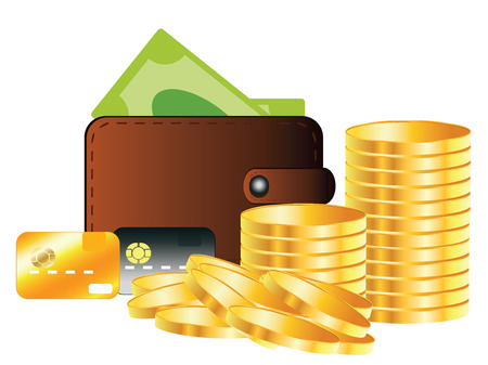 Leather wallet with money and golden coins.のイラスト素材