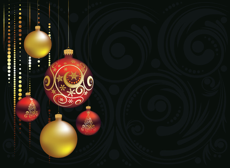 Greeting card with decorative red and gold Christmas balls ornaments.のイラスト素材
