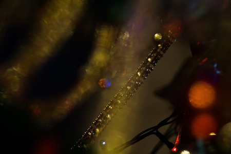 Holiday lights and christmas tree decorations background.