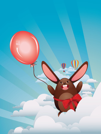 Cute happy chocolate bunny with red balloon illustration.のイラスト素材