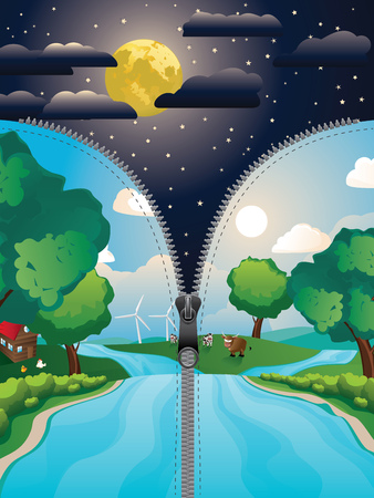 Fantasy illustration of unzipped starry night sky with big moon.のイラスト素材