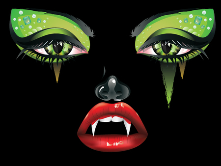 Abstract female vampire face with festival eye makeup and red lips.のイラスト素材