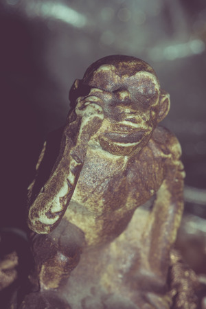 Macro of small wooden statuette of monkey, vintage photo effect.の写真素材