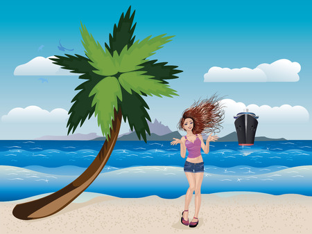 Casual fashion girl on the beach at sunny day.のイラスト素材