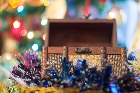 Decorative wooden box chest with Christmas decorations.の写真素材