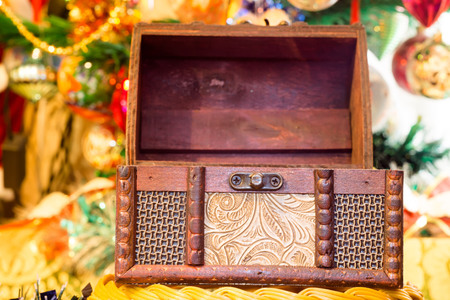 Decorative wooden box chest with Christmas decorations.の写真素材