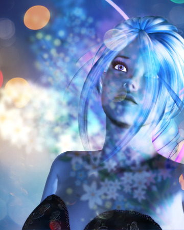 Fantasy illustration with fairy on colorful background with bokeh lights.の写真素材