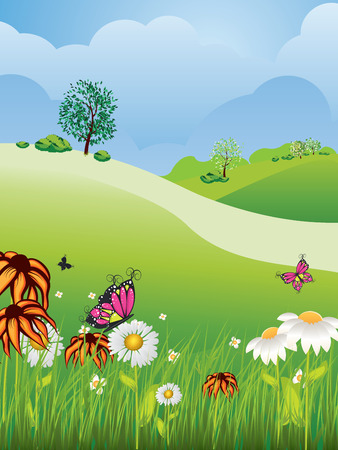 Cartoon nature summer or spring landscape, with fields, trees, grass and flowers.のイラスト素材