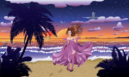 Cartoon fashion girl on the beach at sunset.のイラスト素材