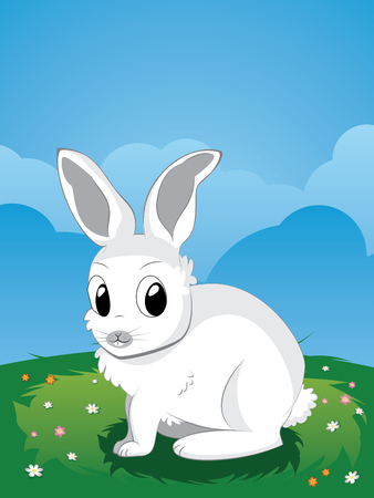 Cute cartoon white rabbit on spring lawn with flowers.のイラスト素材