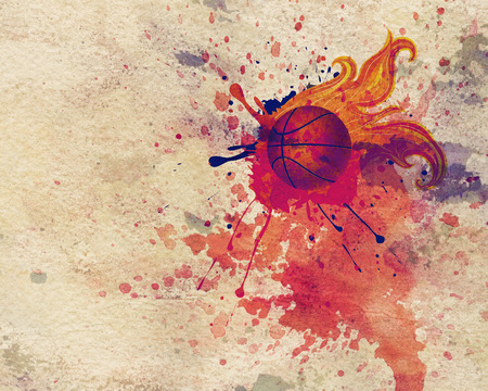 Grunge background with basketball ball with flame and spatters.の写真素材