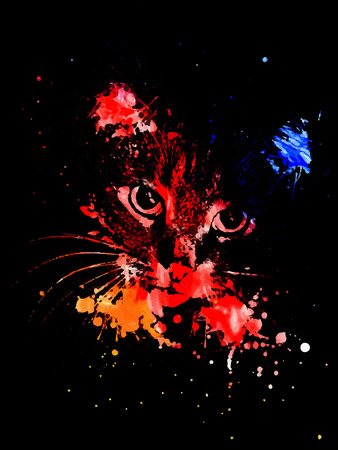 Abstract grunge portrait of a cat with ink splatters on black background.のイラスト素材