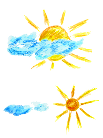 Stylized hand drawn illustration of the sun with clouds.のイラスト素材