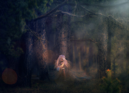 Illustration of 3d rendered woman with long white hair in dark forest.の写真素材