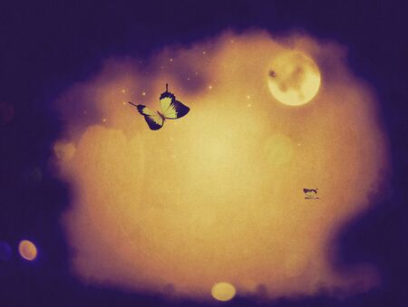 Mystical background with blue butterflies and moon.の写真素材