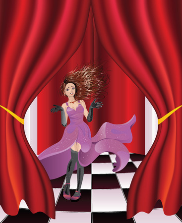 Woman on a stage with checkered floor and red curtain.のイラスト素材